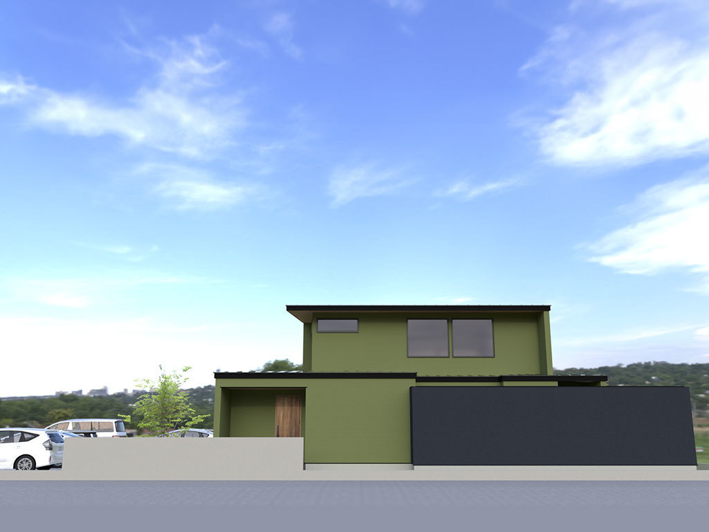 「アクセントウォールで囲まれた中庭のある家」